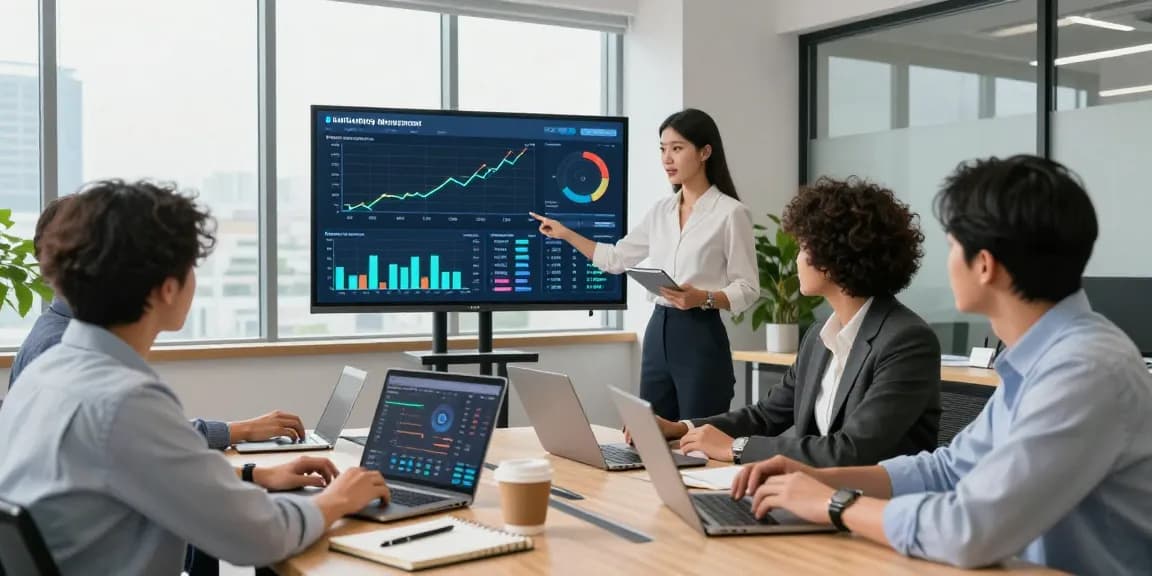 Team analyzing business electricity half hourly meter data in a bright, modern office