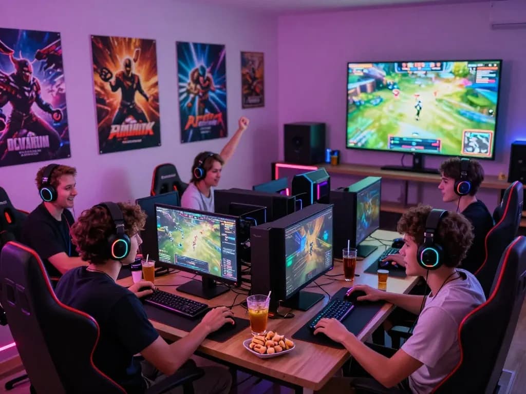 Diverse players in a vibrant gaming setup enjoying an online session, showcasing https://rikviprent.com gaming culture and accessories.