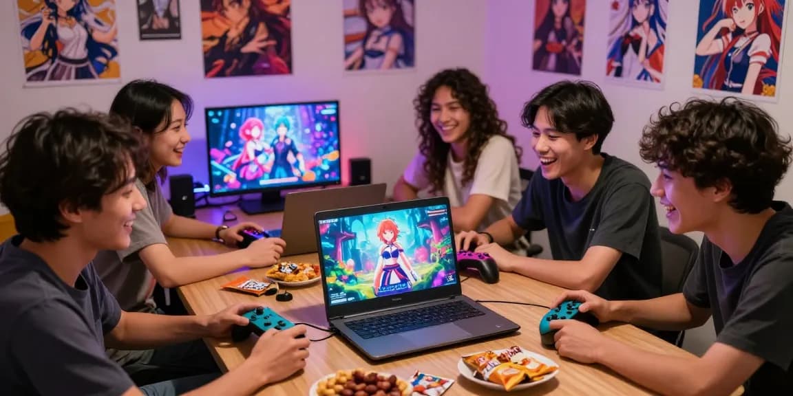 Engaging scene of friends enjoying a hentai game on laptop with vibrant visuals and snacks.