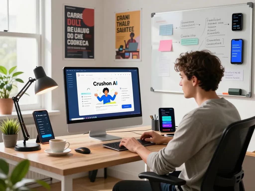 Engaged user exploring Crushon AI's chat interface in a vibrant workspace, showcasing innovative AI interactions.