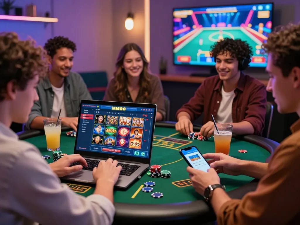 Friends enjoying online gambling with MMOO platform in vibrant setting