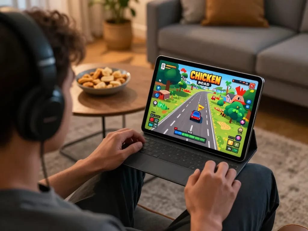 Giocatore che si diverte con il gameplay di Chicken Road recensioni su tablet durante una comoda sessione di gioco a casa