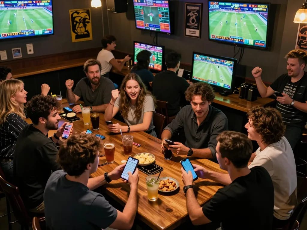 Vmax trang chủ action packed sports betting scene with friends cheering over games.