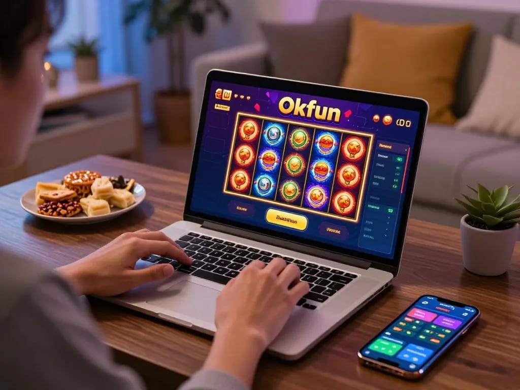 Engaging online casino gaming with Okfun app interface, vibrant slot reels in action.