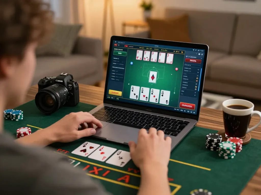 Person enjoying a blackjack game at home with 3win gaming platform, showcasing strategy and relaxation
