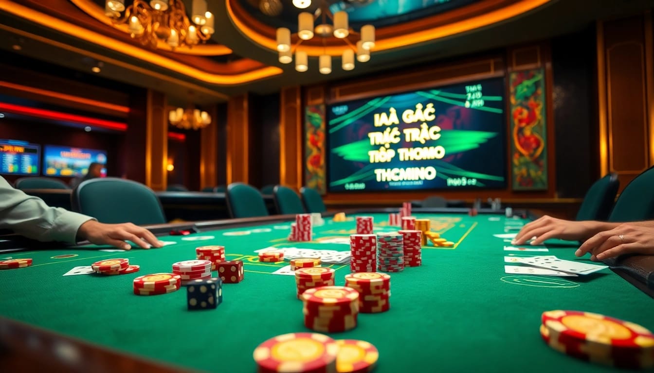 Thrilling action of đá gà trực tiếp thomo at a vibrant casino table filled with chips and cards.