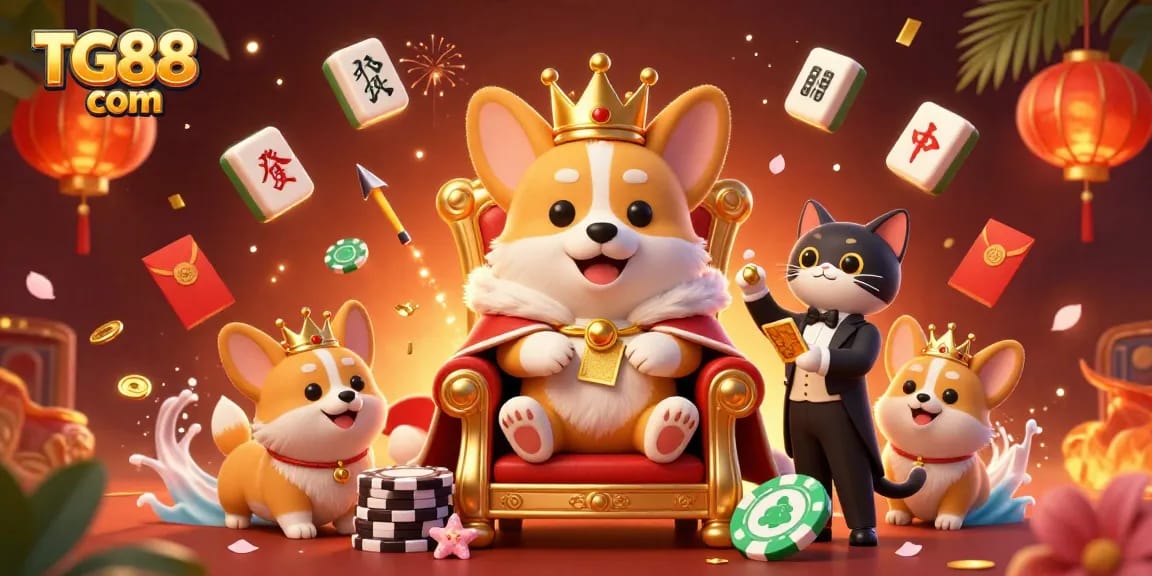 Join the fun at TG88 com with a royal corgi in a gambling scene filled with vibrant casino elements