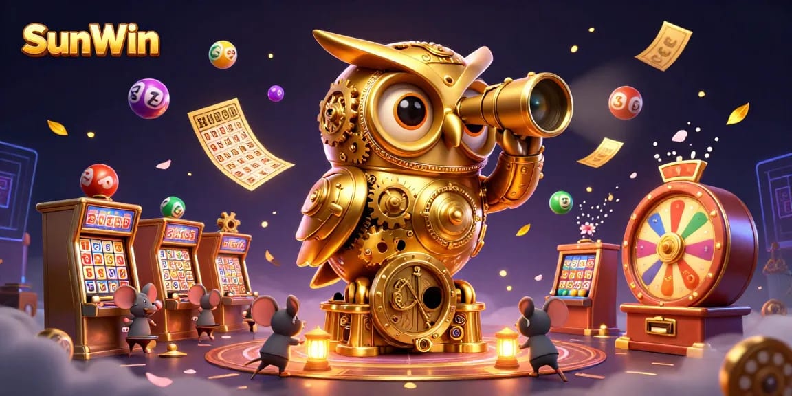 SunWin captivates players with a vibrant casino scene featuring colorful lottery balls, dynamic elements, and the iconic golden owl.