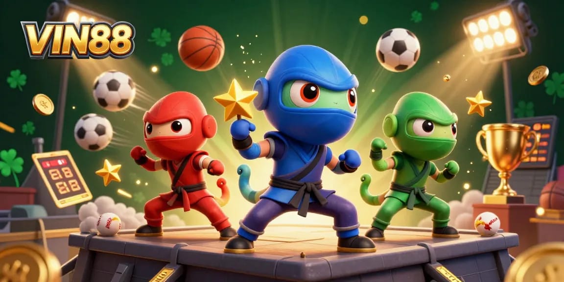 Experience thrilling action with VIN88's ninja chameleons battling amidst a vibrant sports betting scene.