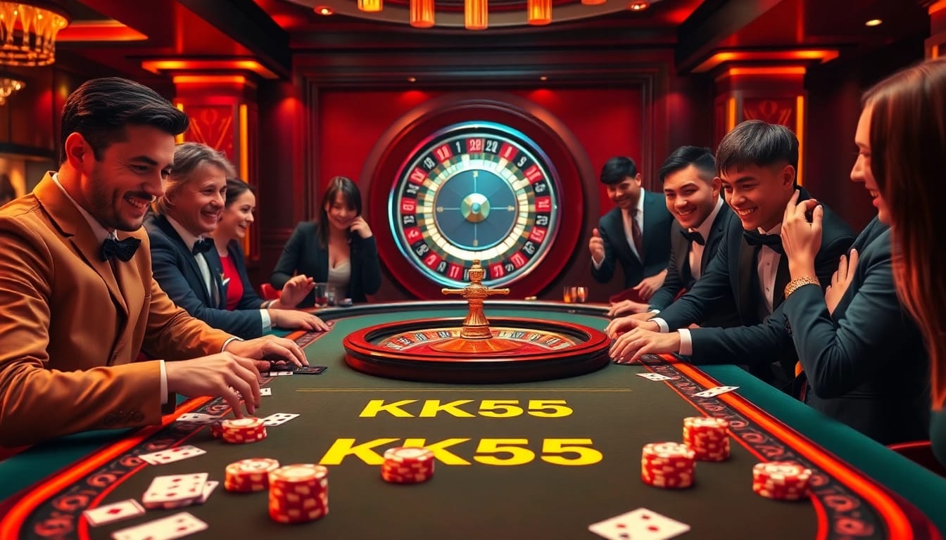 Experience the thrill of KK55 with gamblers enjoying poker and roulette at a luxurious casino table.