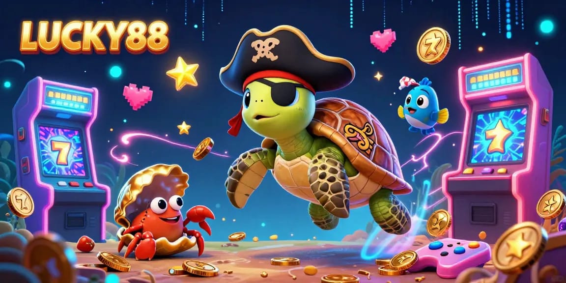 Engage with the LUCKY88 gaming adventure illustrated in a vibrant underwater scene with colorful characters, slot elements, and dynamic energy.