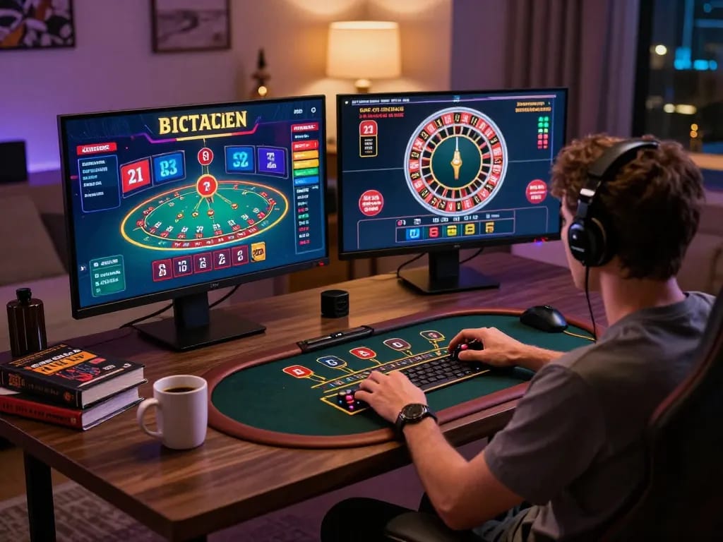Engaging online gambling session with various games on screens at https://bl555.agency/, highlighting a strategic atmosphere.