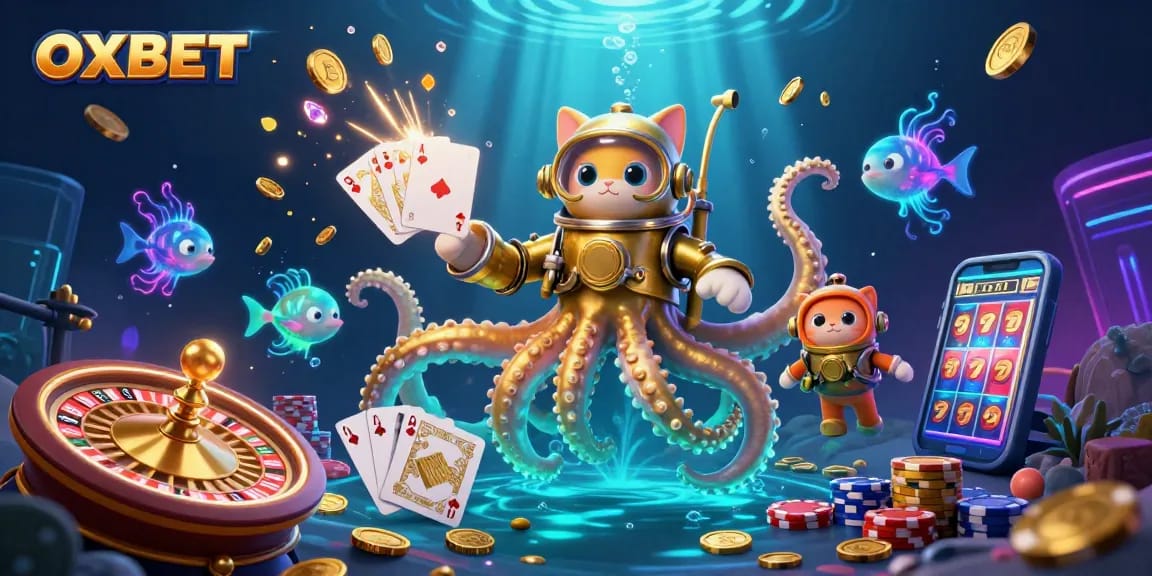 Engage with OXBET's thrilling underwater adventure featuring a kraken and diving cat in a vibrant casino scene.