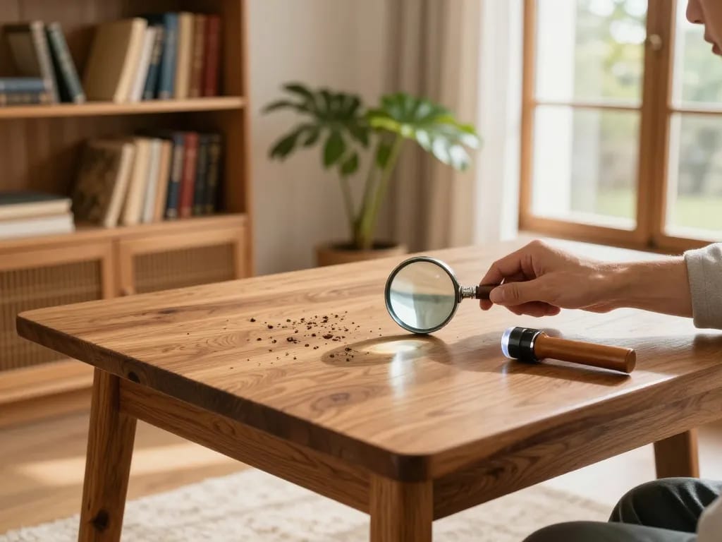Ispezionare i mobili in legno per segni di tarli del legno in un accogliente ambiente domestico.