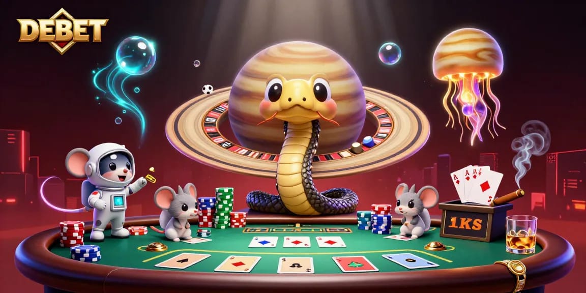Bet with DEBET in a cosmic casino scene featuring mice and a golden jellyfish dealer.