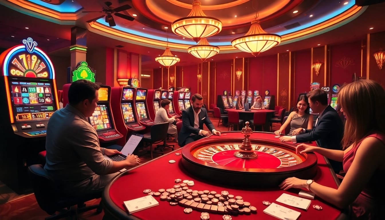 Experience the excitement at trang chủ c168 with vibrant casino elements, including roulette wheels and poker tables.