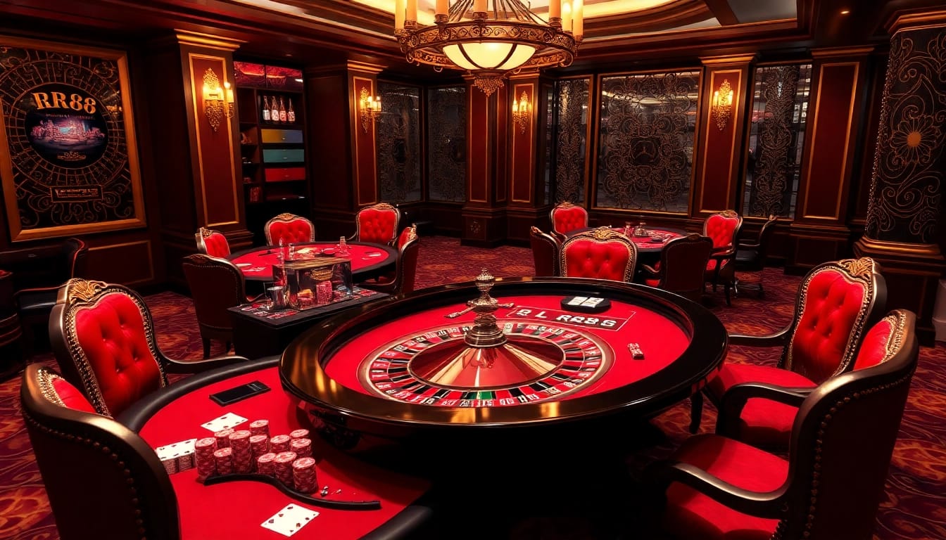 Experience high-stakes excitement with RR88 at an elegant casino gaming table filled with vibrant chips.