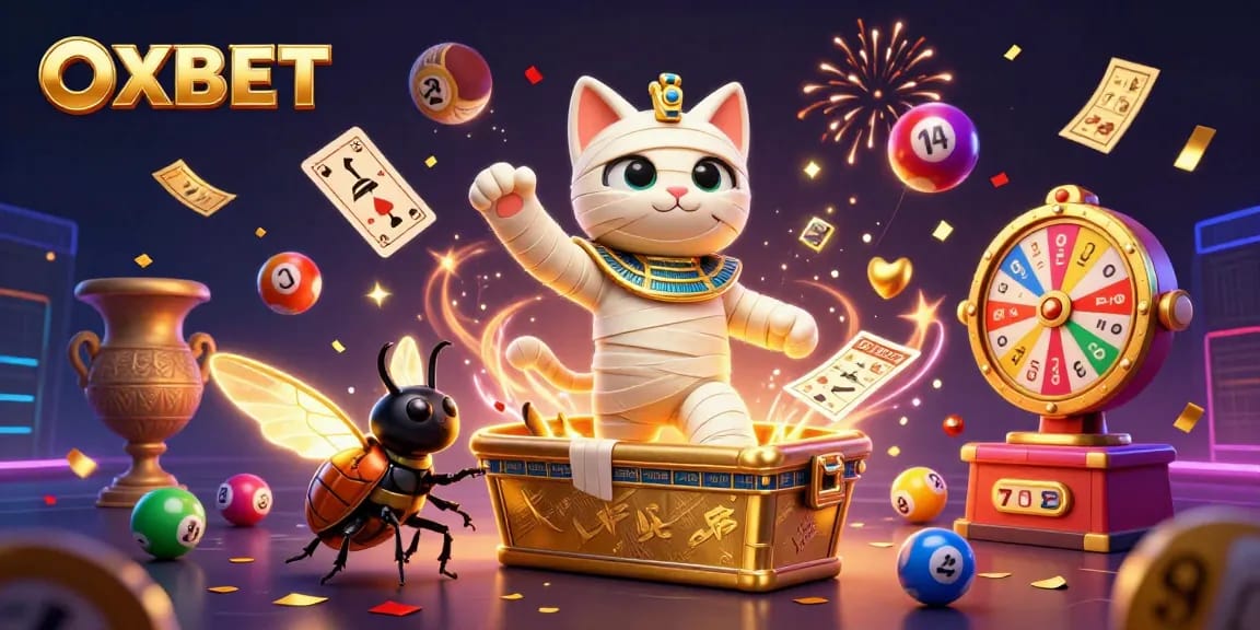 Experience the thrill of OXBET with a vibrant casino scene featuring a mummy cat and lucky symbols.