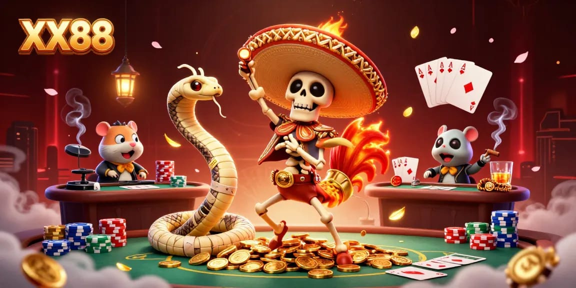 Experience thrilling wins at XX88 with a vibrant 3D casino scene featuring colorful characters and poker elements.