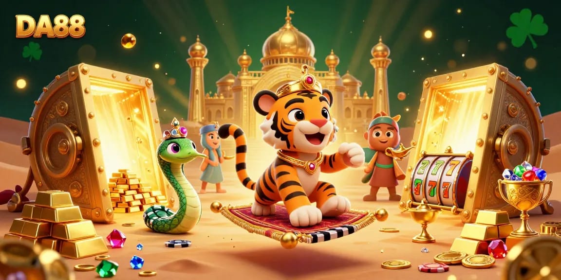 Experience the thrill of DA88 with an Arabian Nights-themed casino adventure featuring a tiger sultan and treasures.