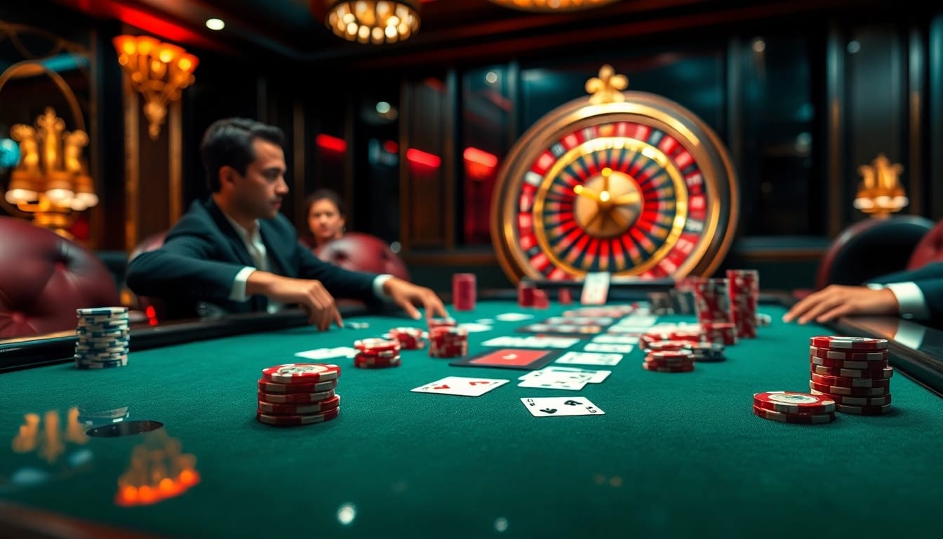 Players enjoying an intense poker game at 789win's luxurious casino.