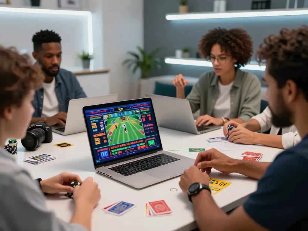 Engaging scene of diverse bettors enjoying nhà cái uy tín, vibrant online gambling atmosphere.