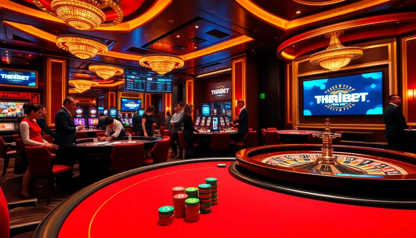 Engaging scene of THABET’s vibrant casino, featuring players at a poker table and roulette wheel.