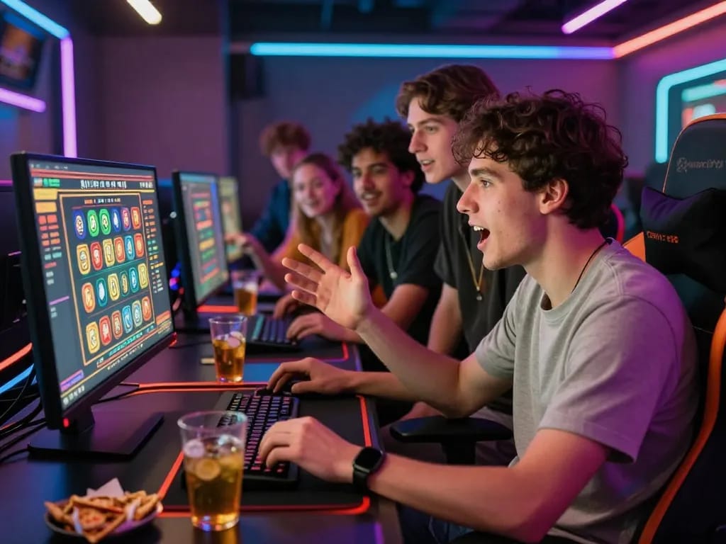 Friends enjoying a thrilling gaming session at https://bomwin.jp.net/ with vibrant graphics and snacks around.