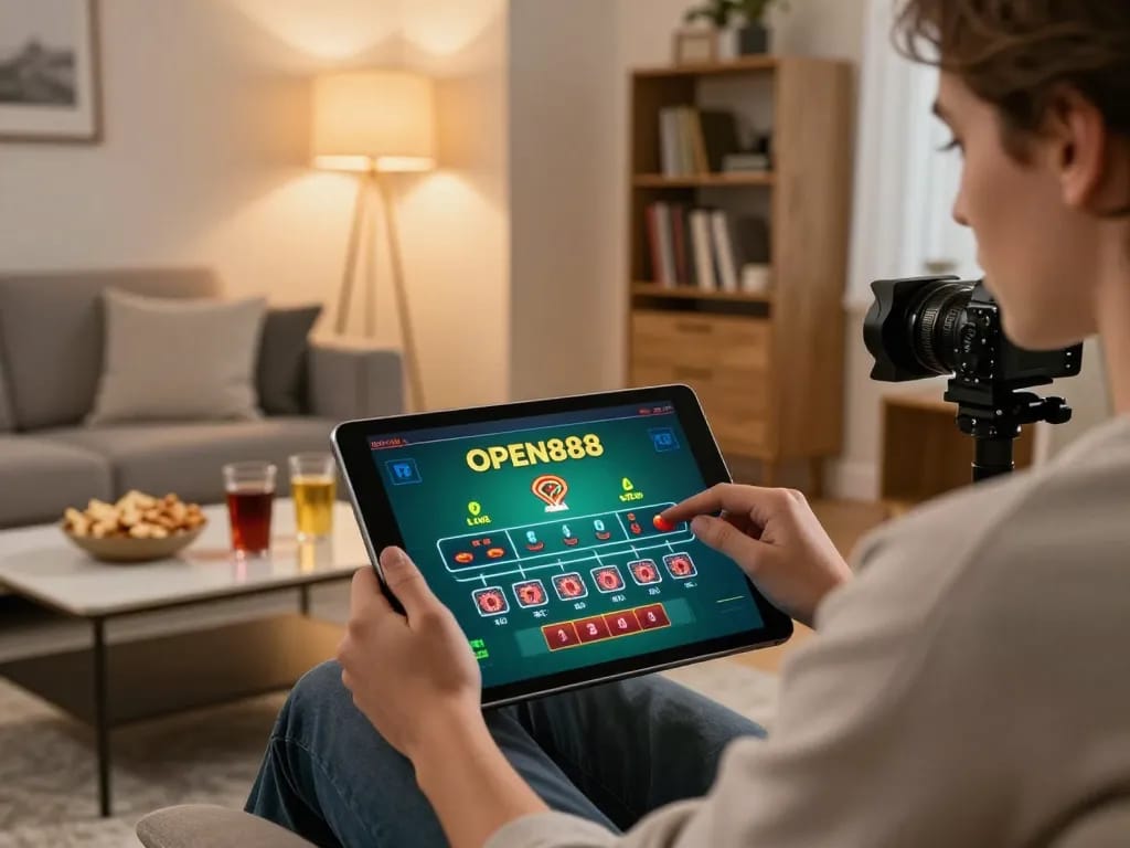 Engaging in live dealer roulette on OPEN888 from a cozy home setup with snacks and strategy books.
