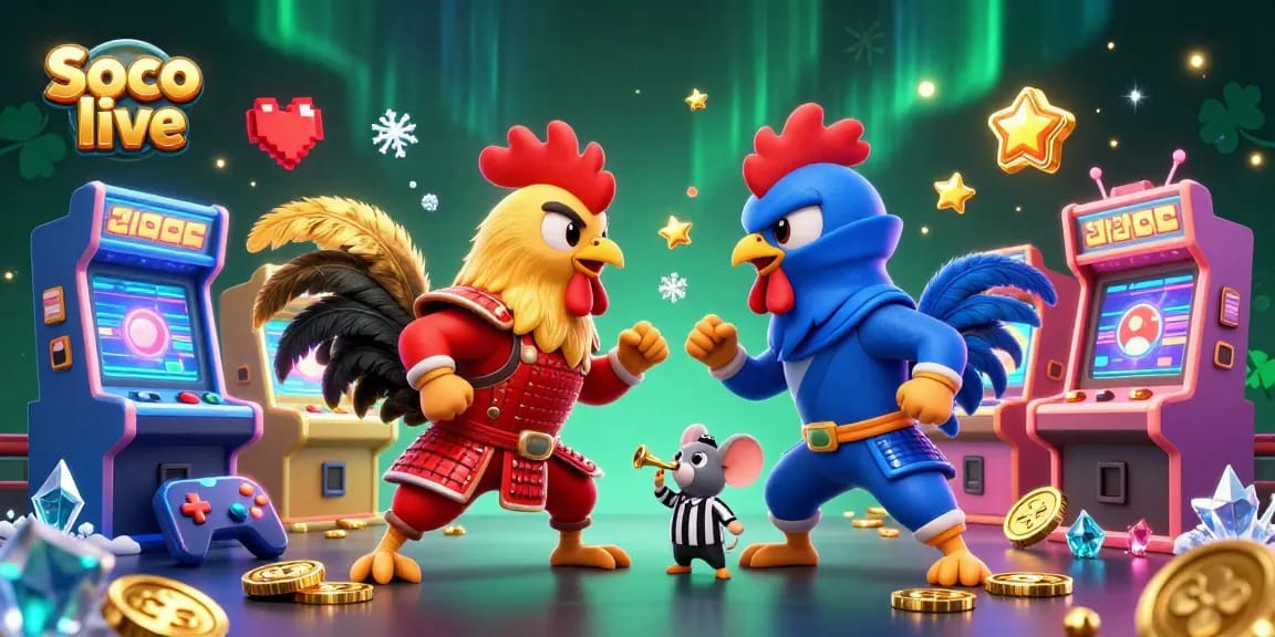 Soco live features an epic cartoon rooster duel with engaging arcade elements in a vibrant casino setting.