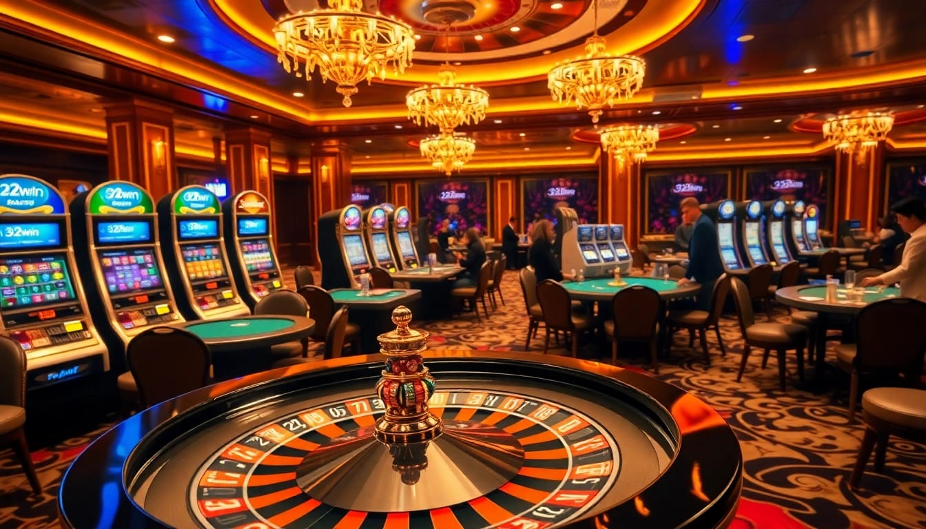Gambling excitement with 32win logo on luxurious casino table filled with poker chips.
