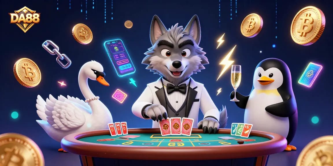 Join the excitement at DA88 with a debonair wolf, elegant swan, and sophisticated penguin in a vibrant casino scene.