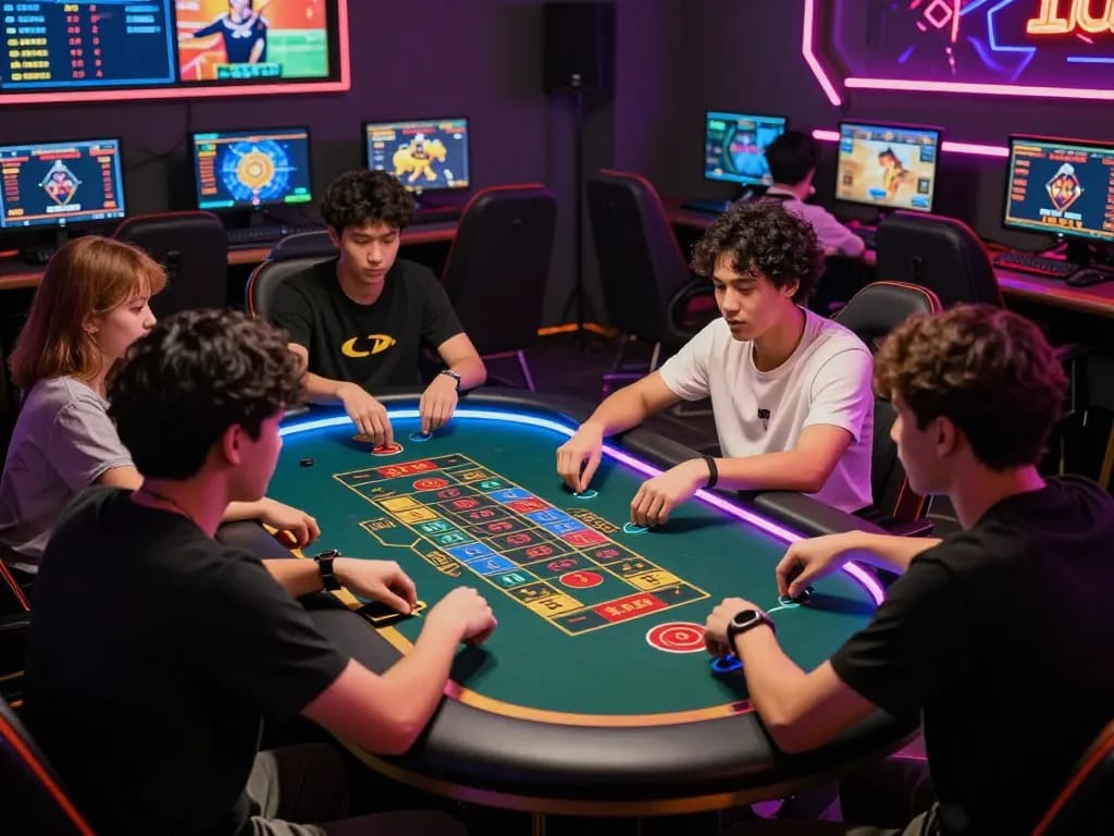 Players engaged in a thrilling game of tài xỉu sunwin in a vibrant gaming lounge, showcasing excitement and camaraderie.