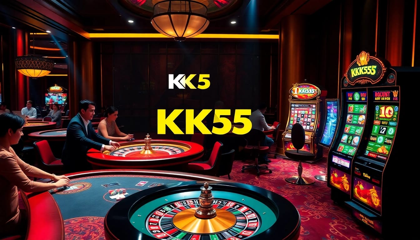 Exciting casino atmosphere showcasing KK55 branding with active players at tables and a roulette wheel.