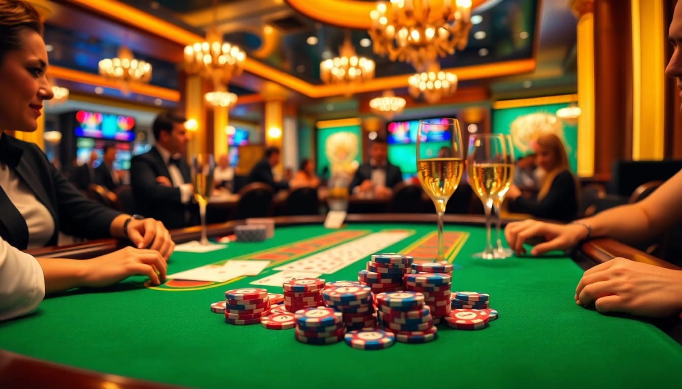 Players enjoying free credit baccarat at a luxurious casino, showcasing high-stakes excitement.
