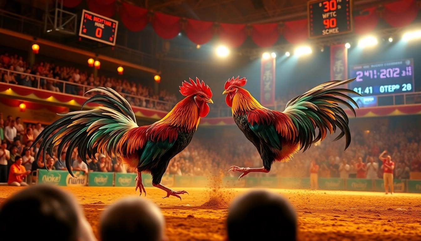 Experience an exhilarating moment of dagatructiep 1 with vibrant roosters in action during a live cockfight event.