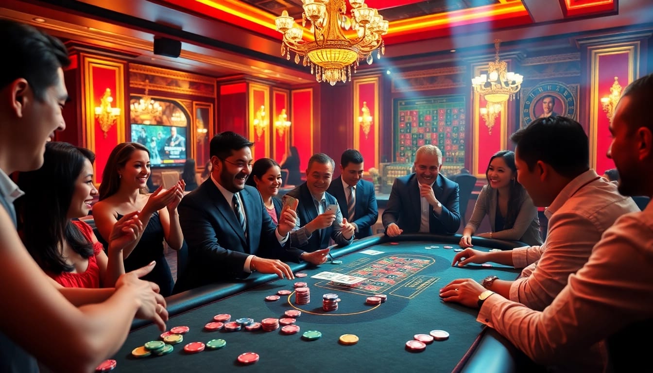 MAY88 offers an exciting live casino experience with players engaging at the poker table.
