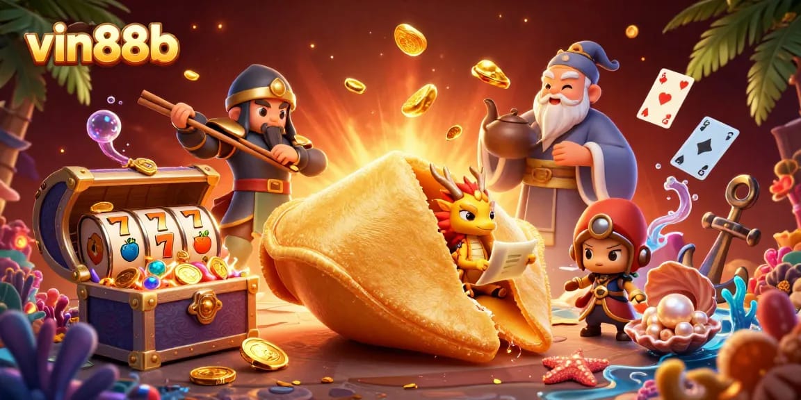 Join the fun at vin88b with a vibrant 3D illustration of a lucky golden fortune cookie and casino elements.
