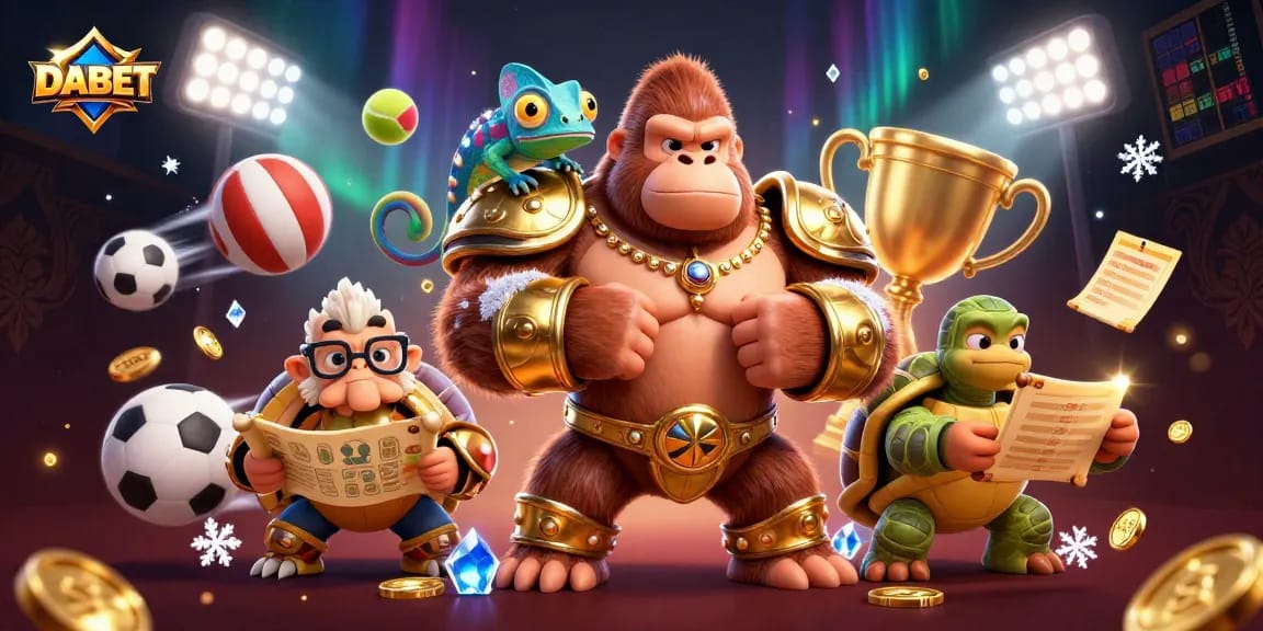 DABET showcases vibrant sports betting action with a 3D gorilla king, chameleon, and tortoise elder amidst dynamic elements.