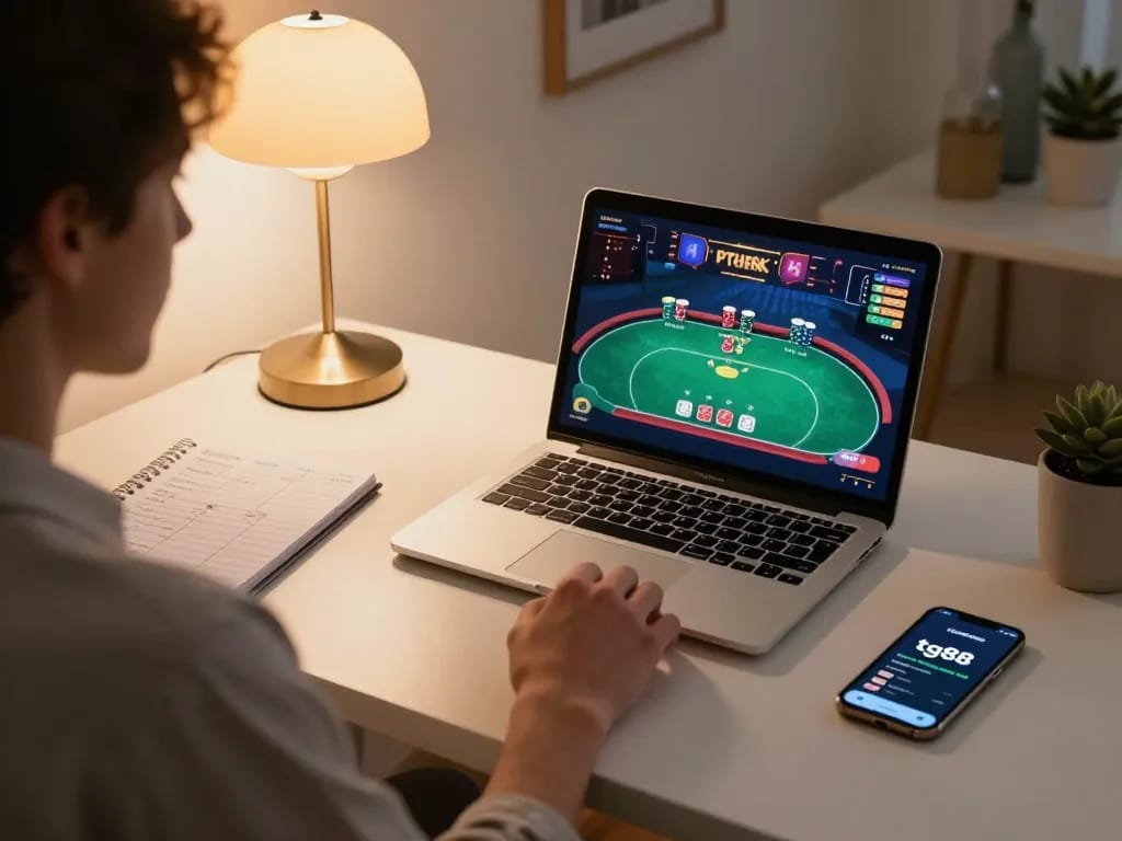 Engaging in tg88 bet online poker from a cozy home office with strategic notes.