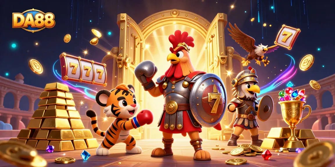 Engage in exhilarating gameplay with DA88 in a vibrant 3D casino environment featuring dynamic slot elements.