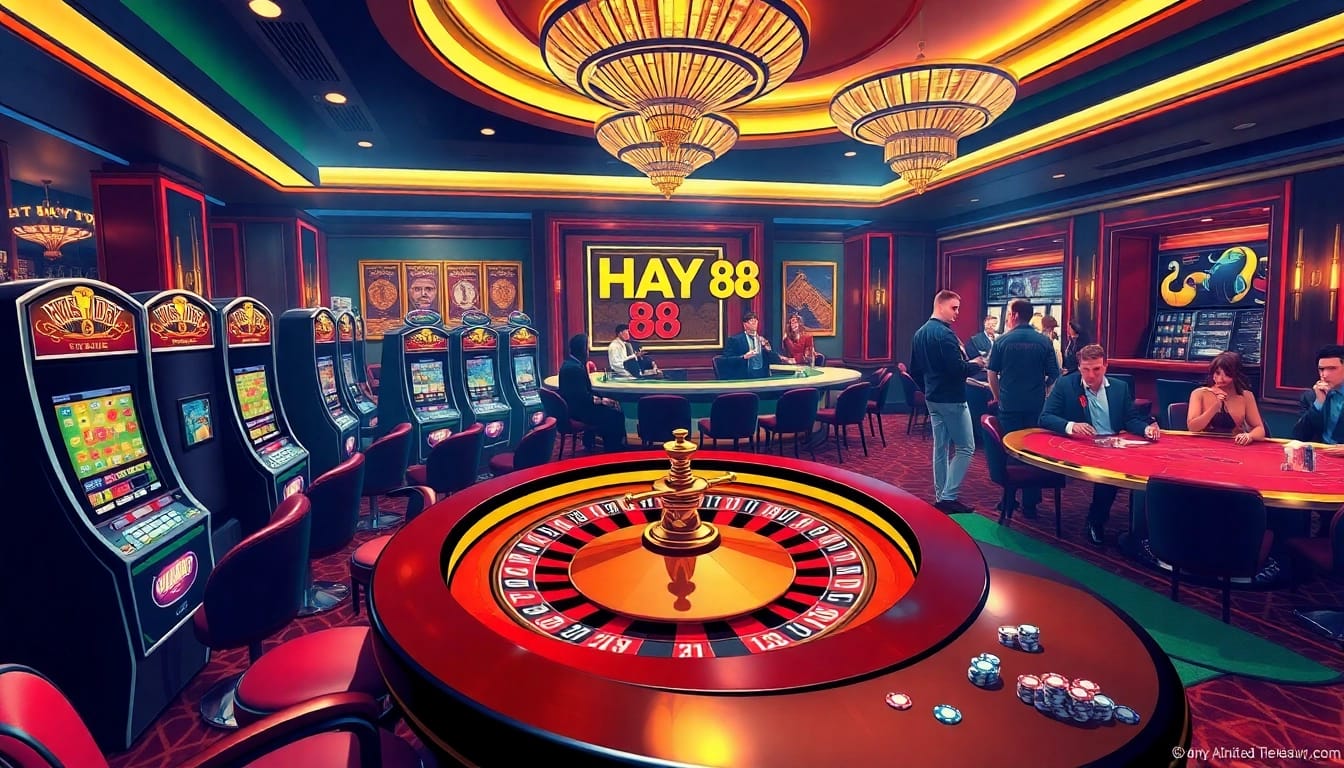 Experience high-stakes gaming at HAY 88 with luxurious casino tables and vibrant slot machines.