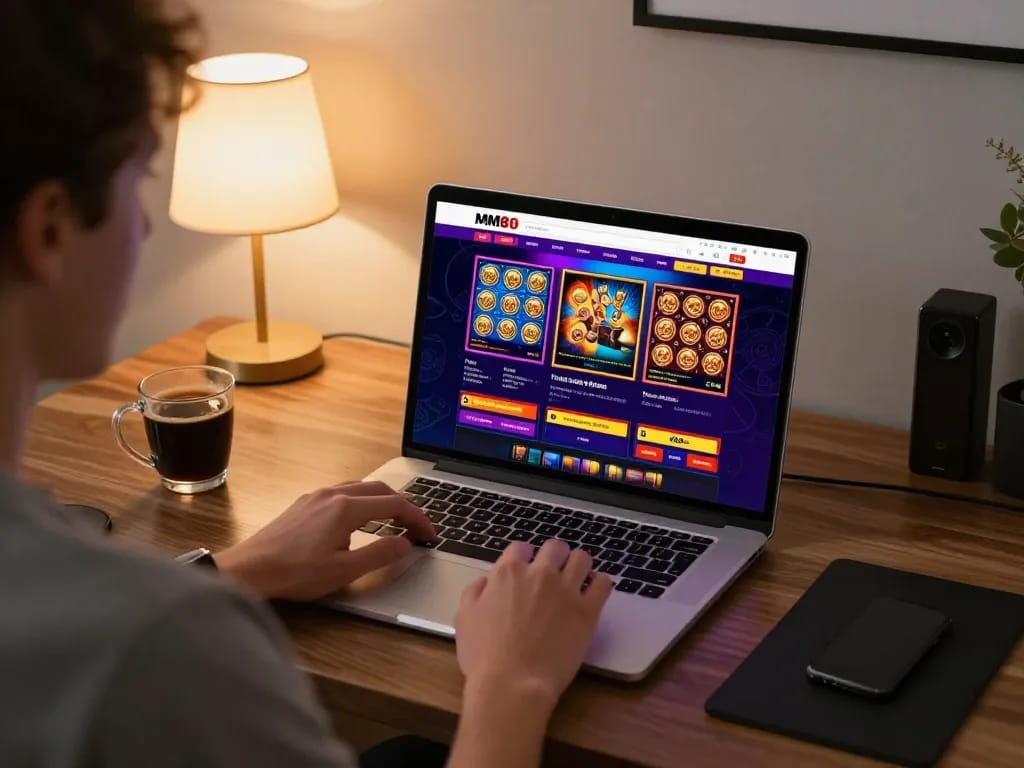 Player enjoying MM88 online slots on laptop, showcasing a vibrant gaming atmosphere