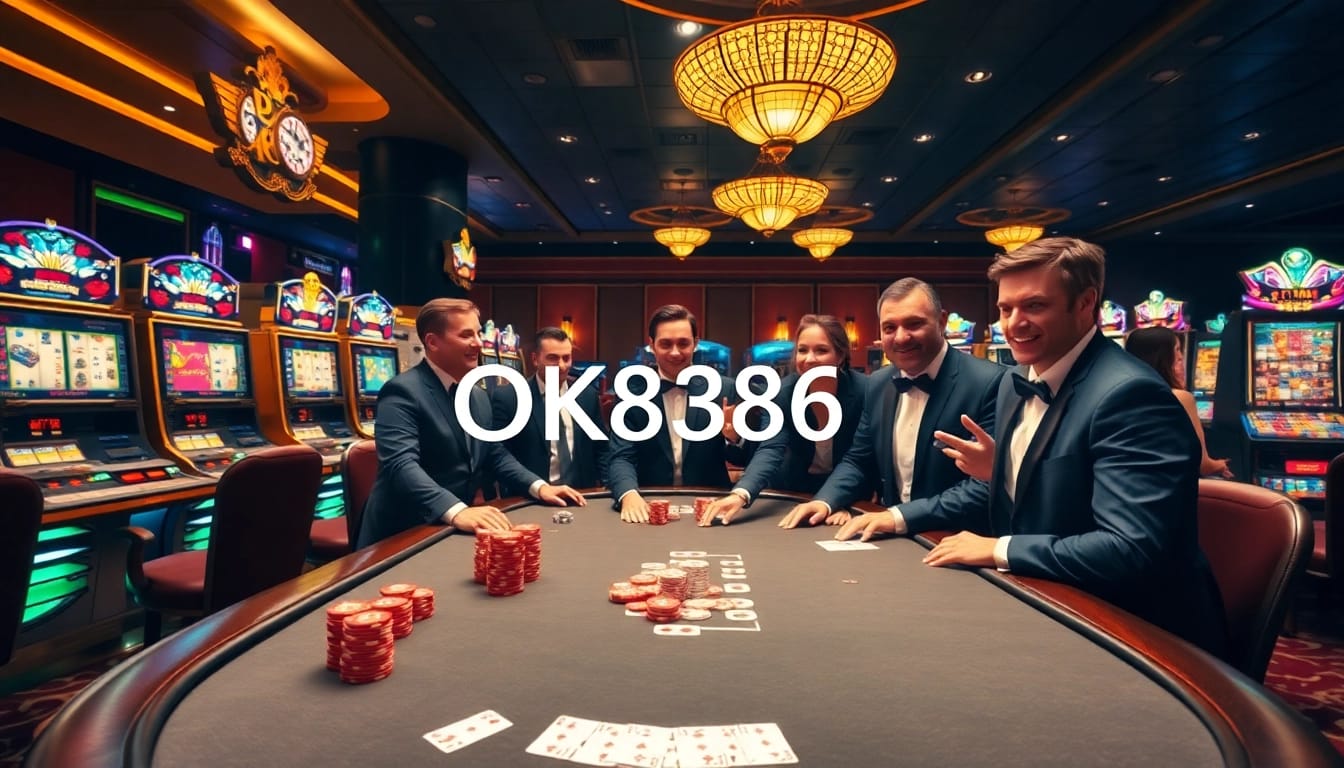 Experience the thrill of OK8386 with players enjoying an elegant poker game in a vibrant casino atmosphere.