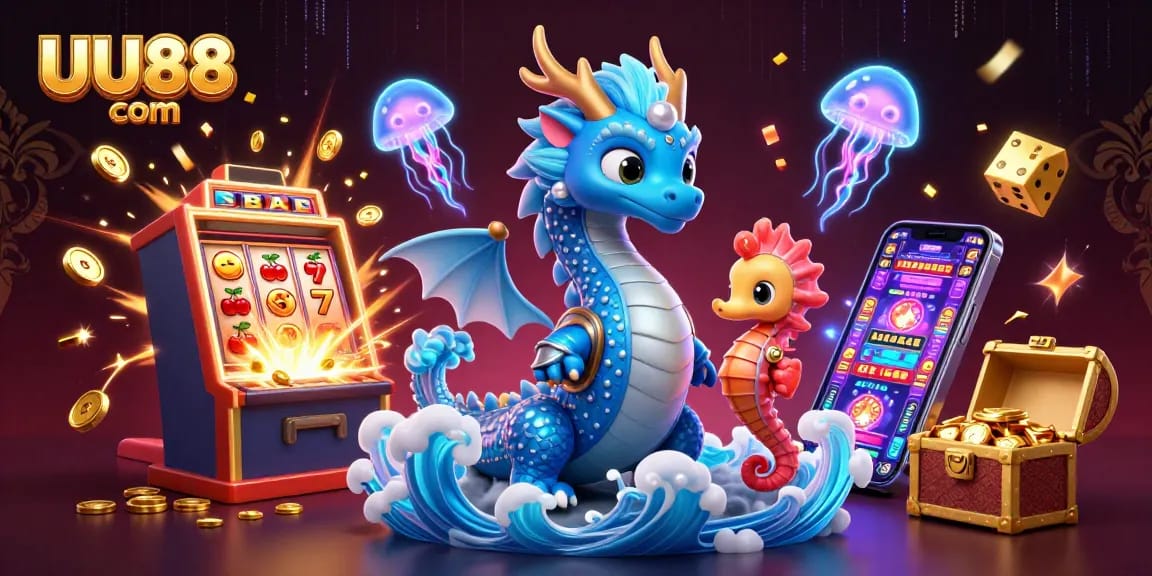 Experience dynamic gaming action with UU88 com's vibrant casino scene featuring slot machines and playful characters.