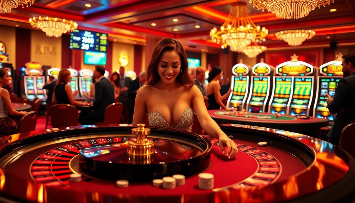 Players at RR 88 celebrate wins at a luxurious casino with roulette and slot machines.