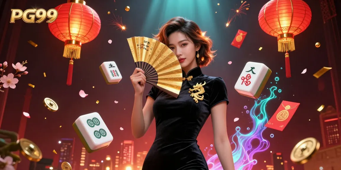 Engage with PG99's thrilling casino experience featuring an Asian woman and dynamic floating game elements.