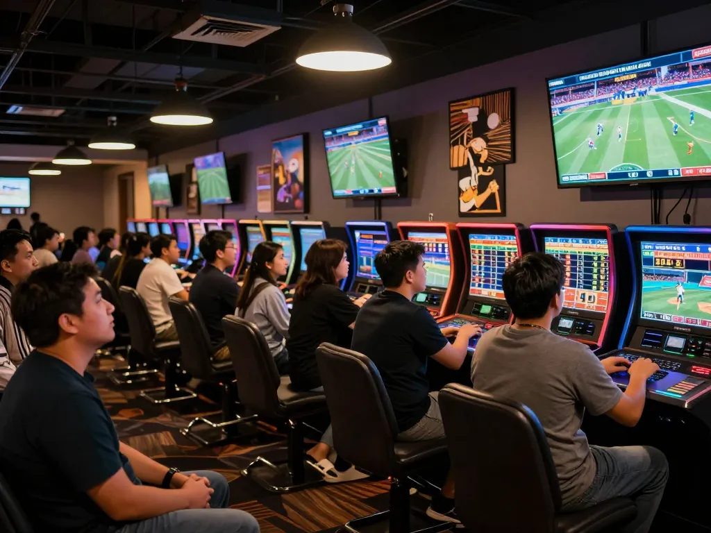 Engaging sports betting scene showcasing ty le keo nha cai on screens amid enthusiastic fans discussing strategies.