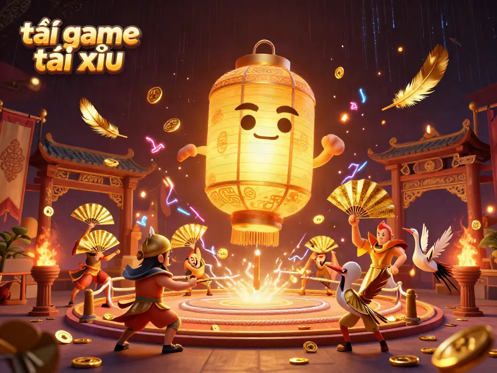 Engage in tải game tài xỉu with a vibrant 3D illustration showcasing a golden lantern spirit and colorful characters.