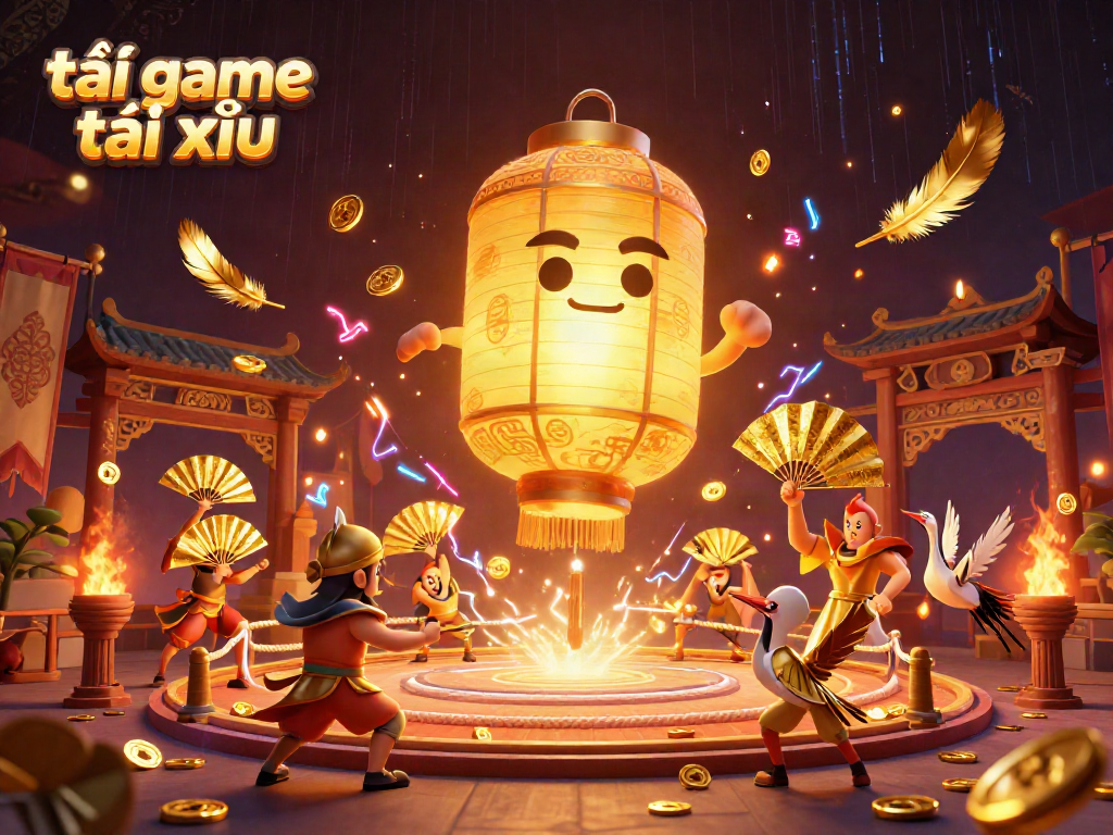 Engage in tải game tài xỉu with a vibrant 3D illustration showcasing a golden lantern spirit and colorful characters.